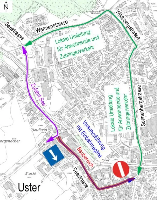 Am 4. Mai starten die Bauarbeiten an der Seestrasse in Uster im Abschnitt Seeweg bis Doppelkreisel. Eine Landkarte des Baustellenbereichs an der Seestrasse in Uster, der Zufahrt an den See und mit Umleitungen.
